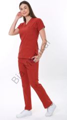 Hemsire formasi likralı scrubs XS - 38 Beden - Kiremit Rengi