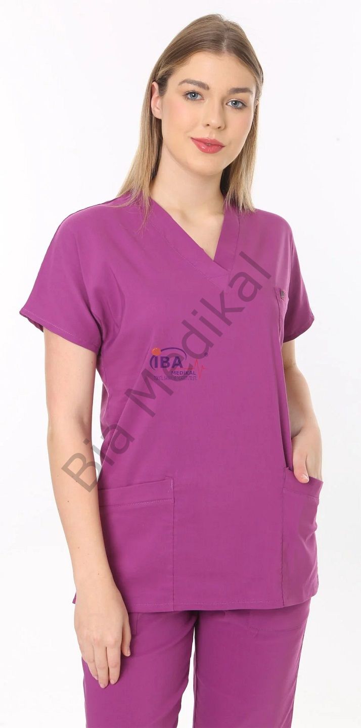 Hemsire formasi likralı scrubs XS - 38 Beden - Açık Mürdüm