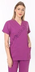 Hemsire formasi likralı scrubs XS - 38 Beden - Açık Mürdüm