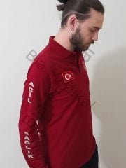 112 Polo yaka acil sağlık tişört  (Bordo Uzun Kol)