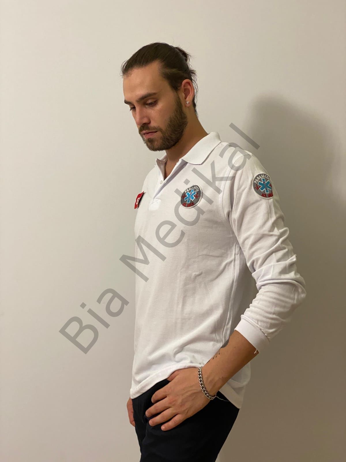 Polo yaka Lacoste  Paramedik Uzun Kol  (Beyaz)