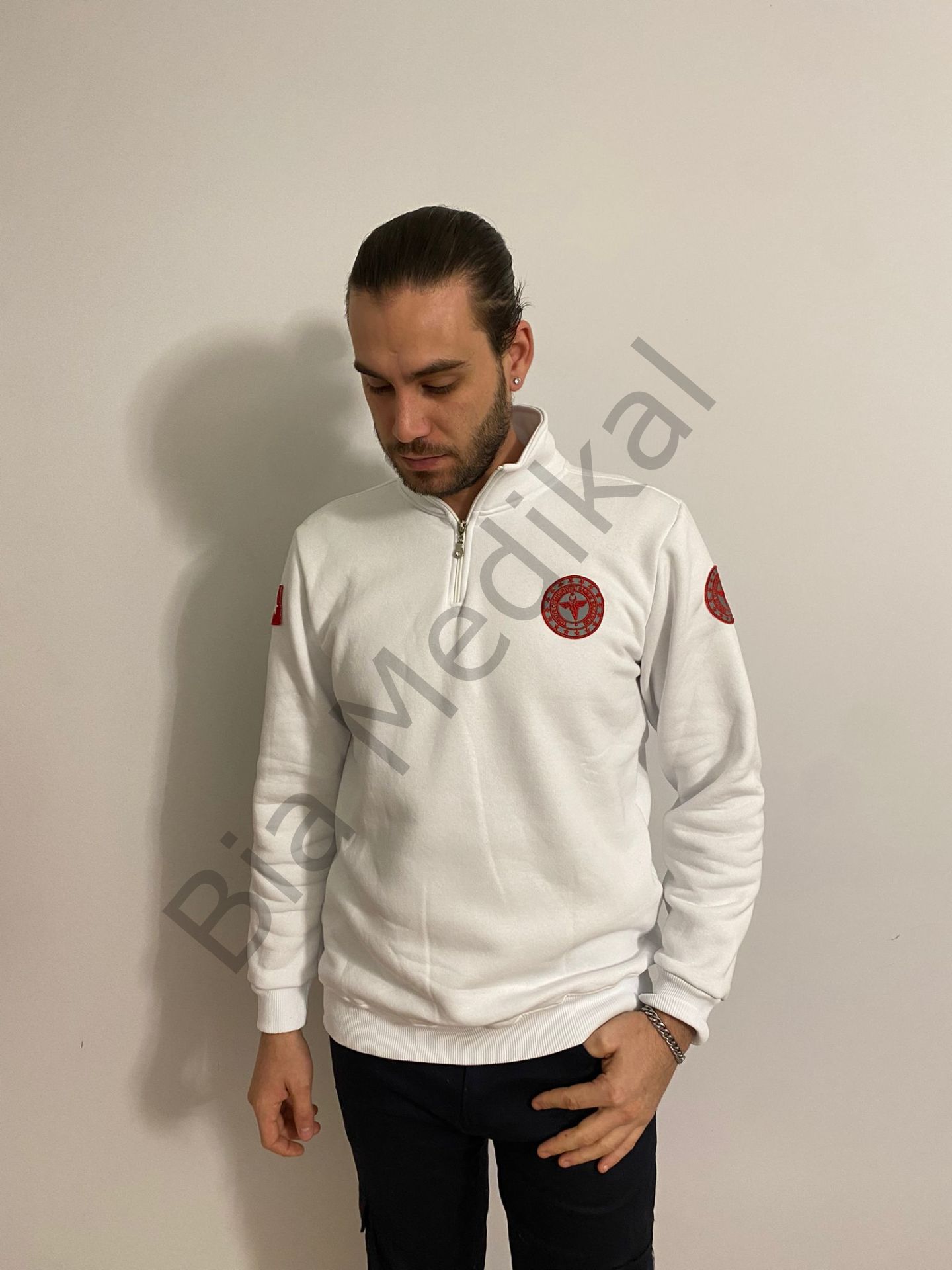 Acil Sağlık Yarım Fermuarlı Balıkçı Sweat (Beyaz)